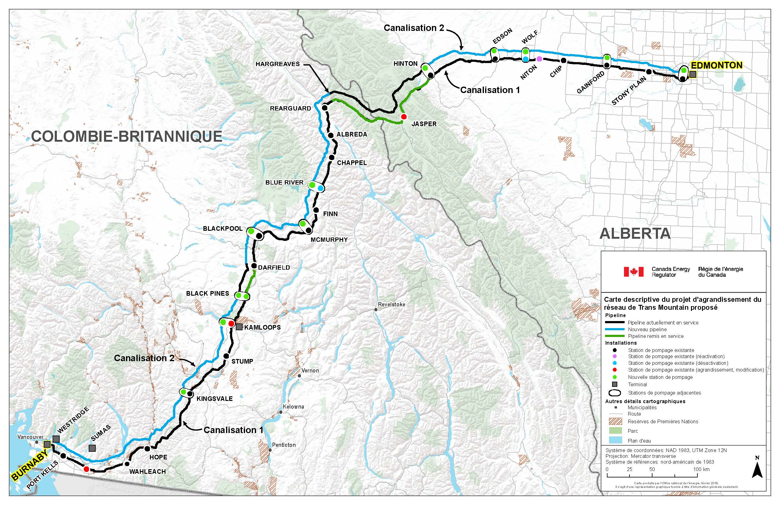 Map of the approved expansion of the Trans Mountain Pipeline. This map shows the route of the Trans Mountain Expansion Project from just east of Edmonton, Alberta, to Burnaby, British Columbia, highlighting the mountainous terrain the pipeline crosses. It also shows where there are new and reactivated pipeline segments, the location of new and existing pump stations, terminals, parks, water bodies, municipalities, roads, and First Nations reserves.