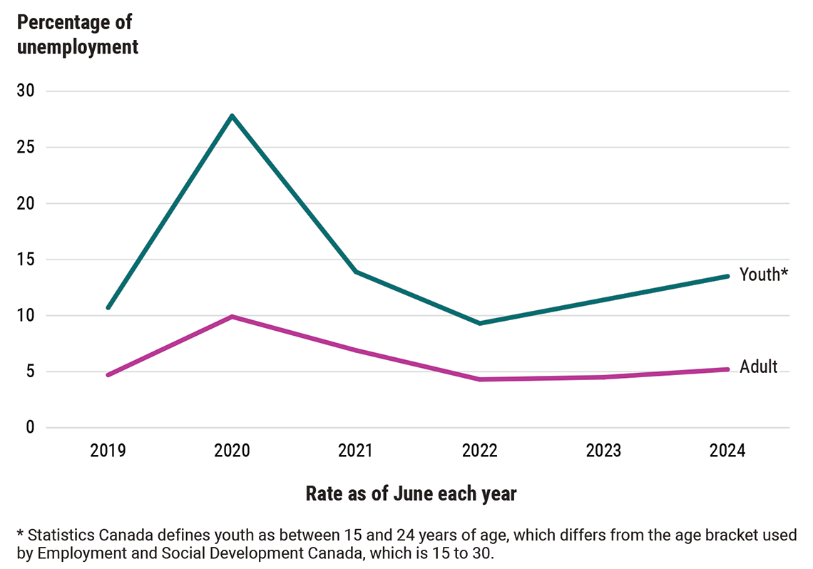 Percentages of youth and adult unemployment (2019 to 2024)