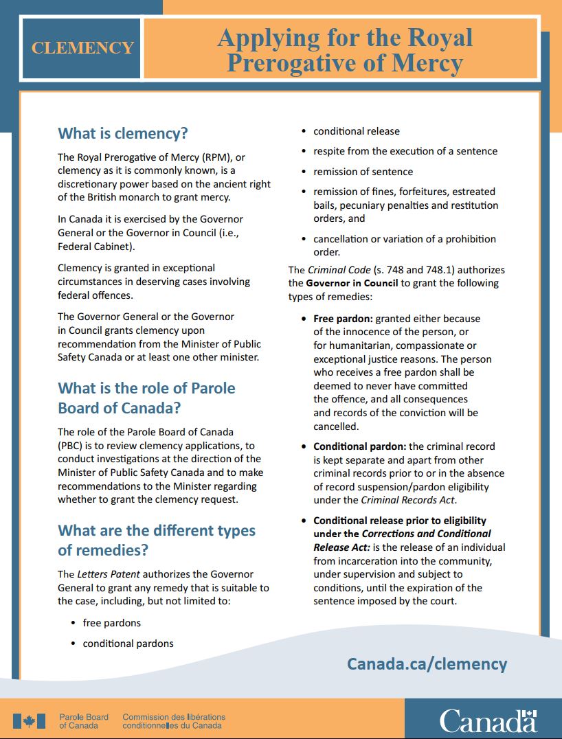 Fact Sheet - Applying for the Royal Prerogative of Mercy (clemency)