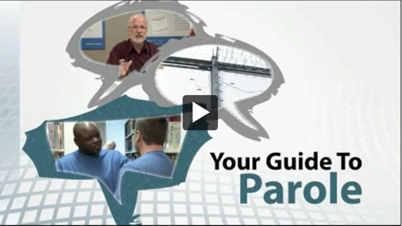 Cover to the booklet Your Guide to Parole – In comment bubbles, a speaker, offenders in a library and barbed wire fence
