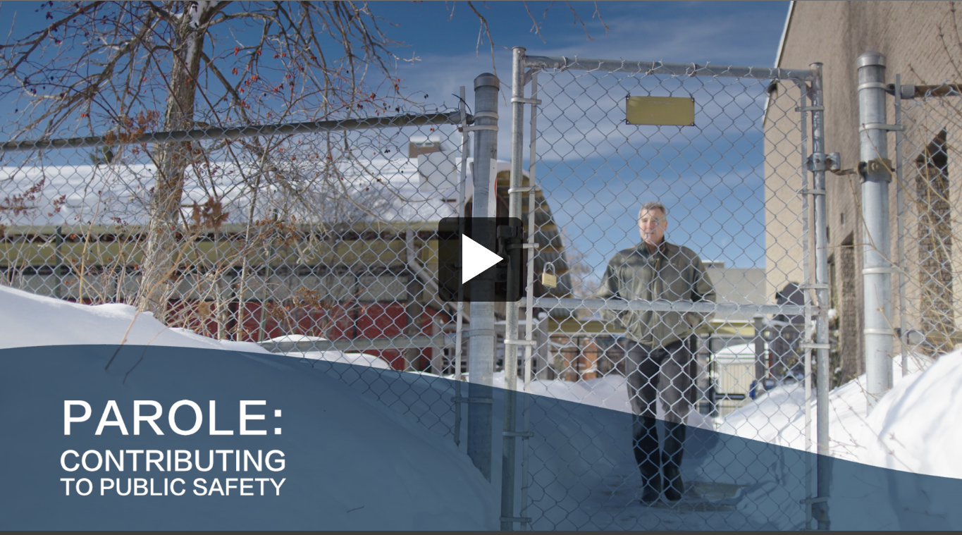 A man walking to a gate with the wording: Parole: Contributing to Public Safety