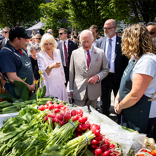 Deux personnes sont debout devant une table remplie de fruits et de légumes.