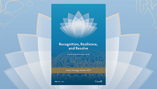 English poster with the text Recognition, Resilience, and Resolve. Asian Heritage Month 2021.