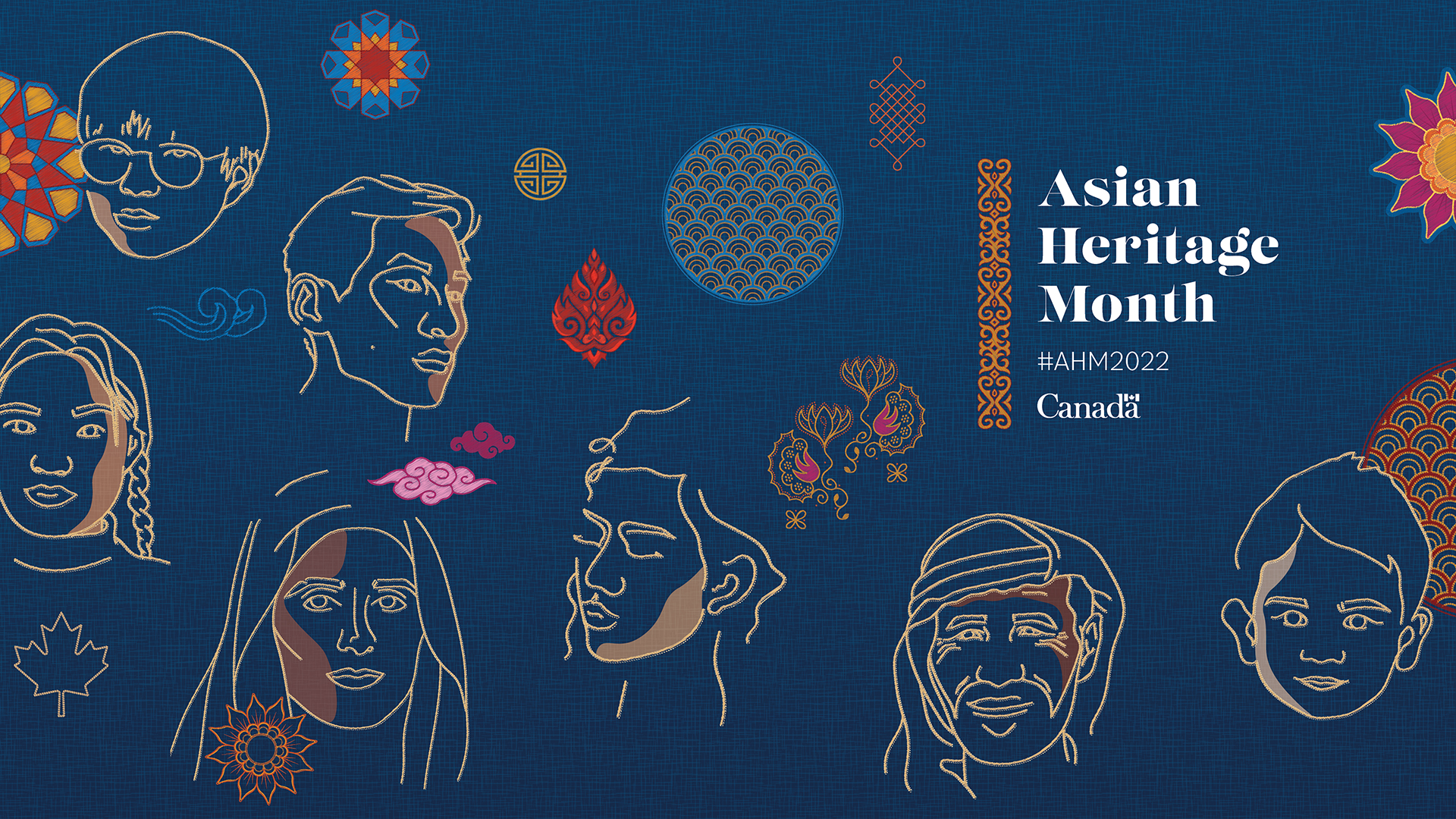Official banner for Asian Heritage Month 2022.  Sketches of Asian faces and symbols.