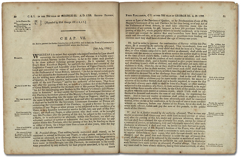 Loi antiesclavagiste du Haut-Canada de 1793 - Photo d’un livre ouvert qui illustre la Loi antiesclavagiste du Haut-Canada (1793)