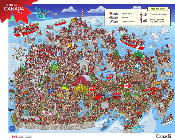 A map of Canada filled with people and Canadian symbols.