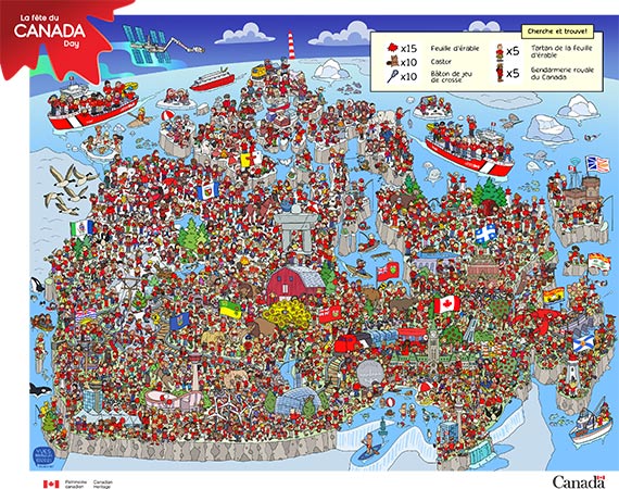 Une carte du Canada qui comprend des personnes et des symboles canadiens.
