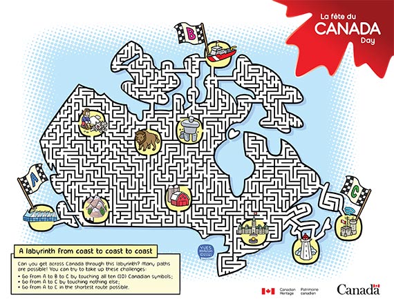 A maze in the shape of Canada containing various Canadian symbols.