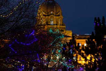 Lumières de Noël Edmonton (Alberta) : vue des arbres avec des lumières au Palais de la Législature
