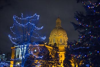 Lumières de Noël Edmonton (Alberta) : vue des arbres avec des lumières autour du Palais de la Législature