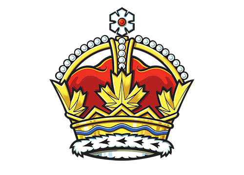 A crown with a fur trim; gold stylized maple leaves; a red cap and gold arches with pearls bridging to a snowflake at the top.