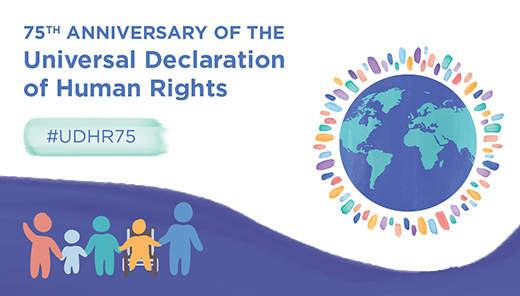 English poster with the text 75th Anniversary of the Universal Declaration of Human Rights – #UDHR75