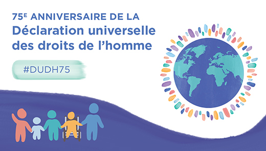 Affiche française avec le texte 75e anniversaire de la Déclaration universelle des droits de l’homme – #DUDH75
