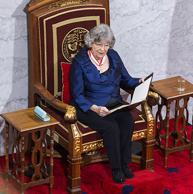 The Governor General is seated on the Throne and reads a text from a document folder.