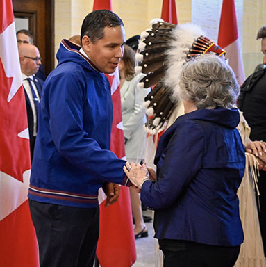 The Governor General Designate shaking hands with Indigenous dignitaries.