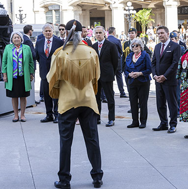Algonquin Chief Greg Sarazin addresses a group of dignitaries.