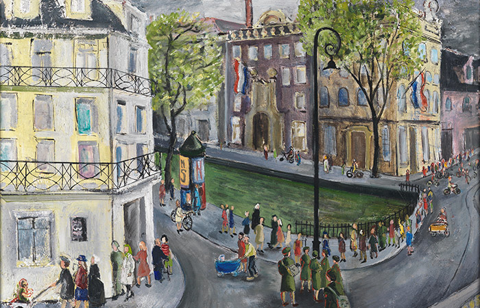 Peinture des membres du Service féminin de l’Armée canadienne visitent Amsterdam après sa libération.