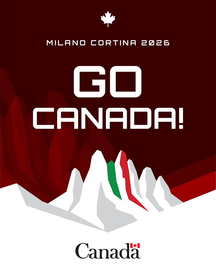 GO CANADA! ALLEZ, CANADA! social media graphic with stylized mountains. Text: Milano Cortina 2026. Canada wordmark.