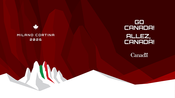 GO CANADA! ALLEZ, CANADA! virtual background with stylized mountains. Text: Milano Cortina 2026. Canada wordmark.