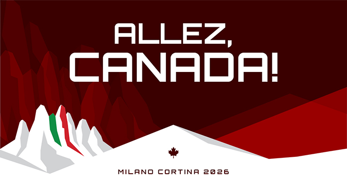 Bannière X (anciennement Twitter) ALLEZ, CANADA! avec montagnes stylisées. Texte : Milano Cortina 2026.