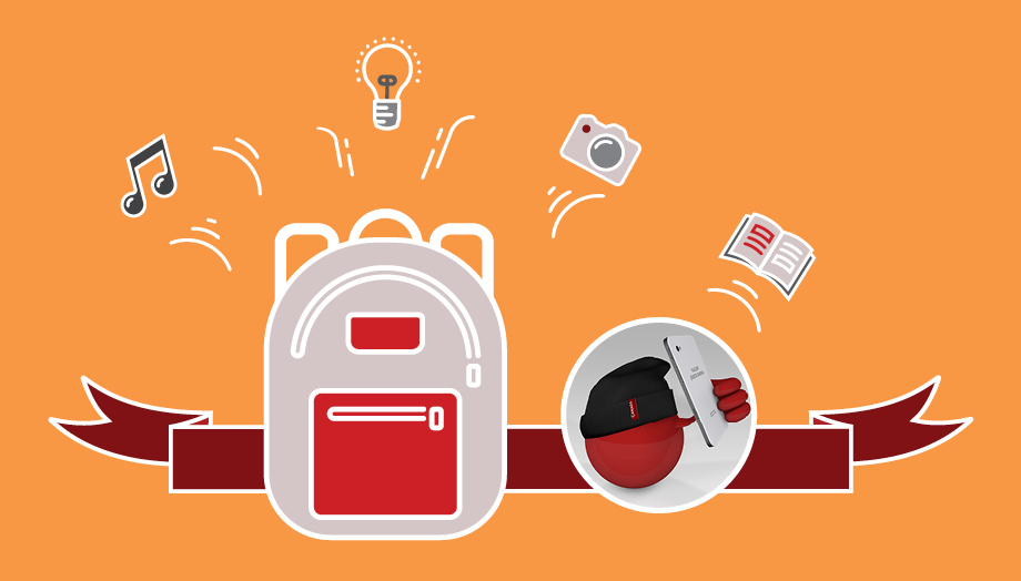Drawing of a grey and red school bag. A music note, a lightbulb and a camera are seen exiting the schoolbag. A small red ball character wearing a black and red hat is holding a cell phone, as an open book can be seen linked to the cell phone. 