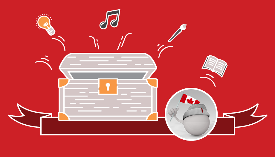 Drawing of an open grey treasure box with a lightbulb, a music note and a paintbrush exiting the box. A small ball character wearing a hat is holding a Canadian Flag. 