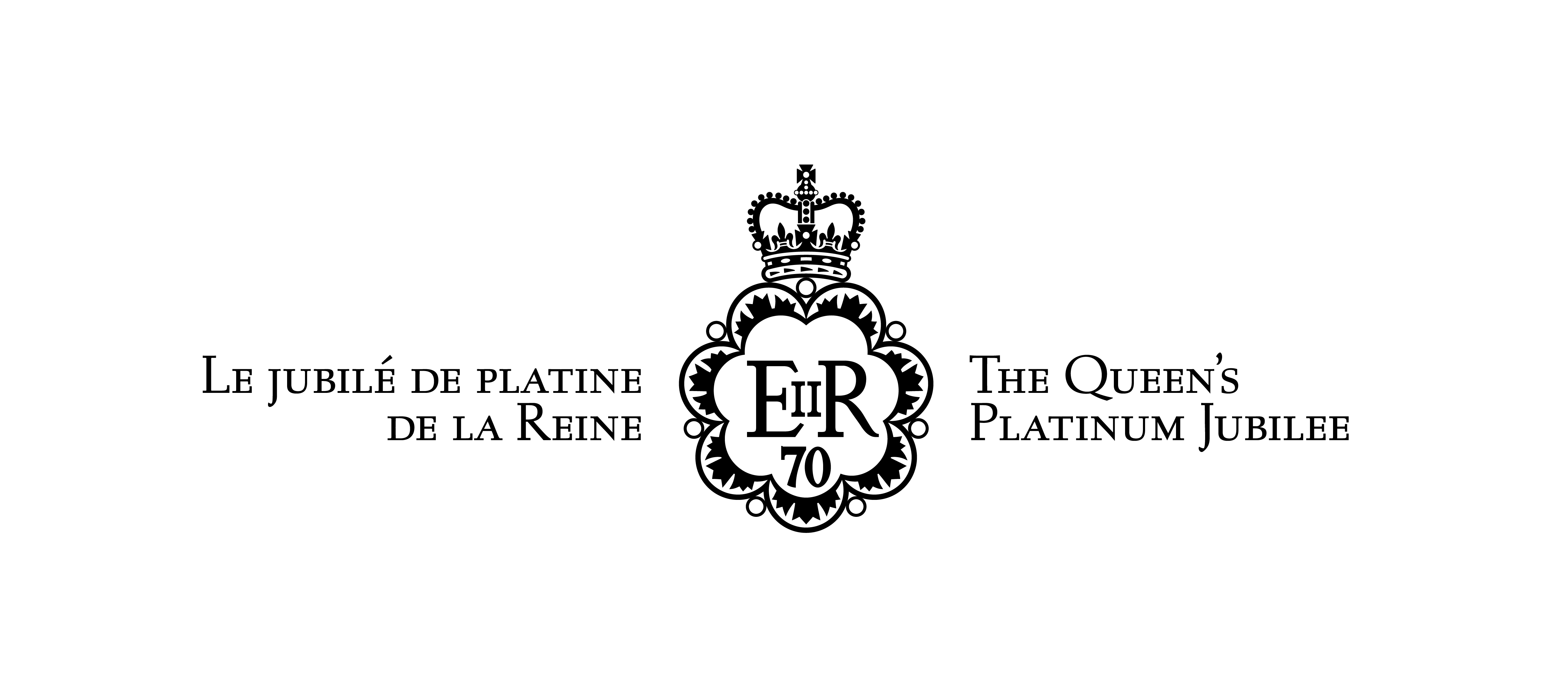 Version centrée et en noir-et-blanc de l’emblème canadien du jubilé de platine avec texte : Le jubilé de platine de la Reine