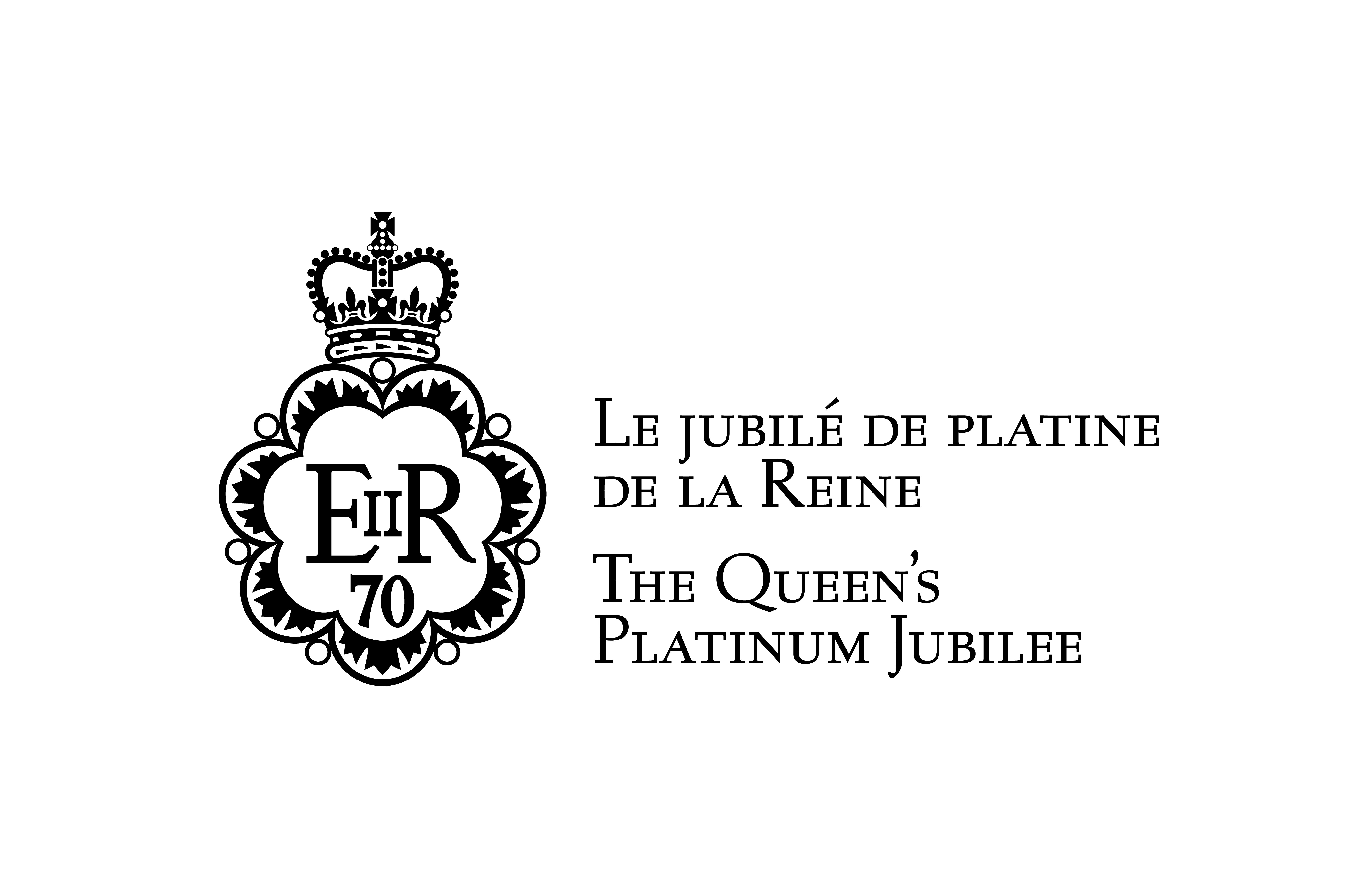Version en noir-et-blanc de l’emblème canadien du jubilé de platine avec texte à la droite : Le jubilé de platine de la Reine