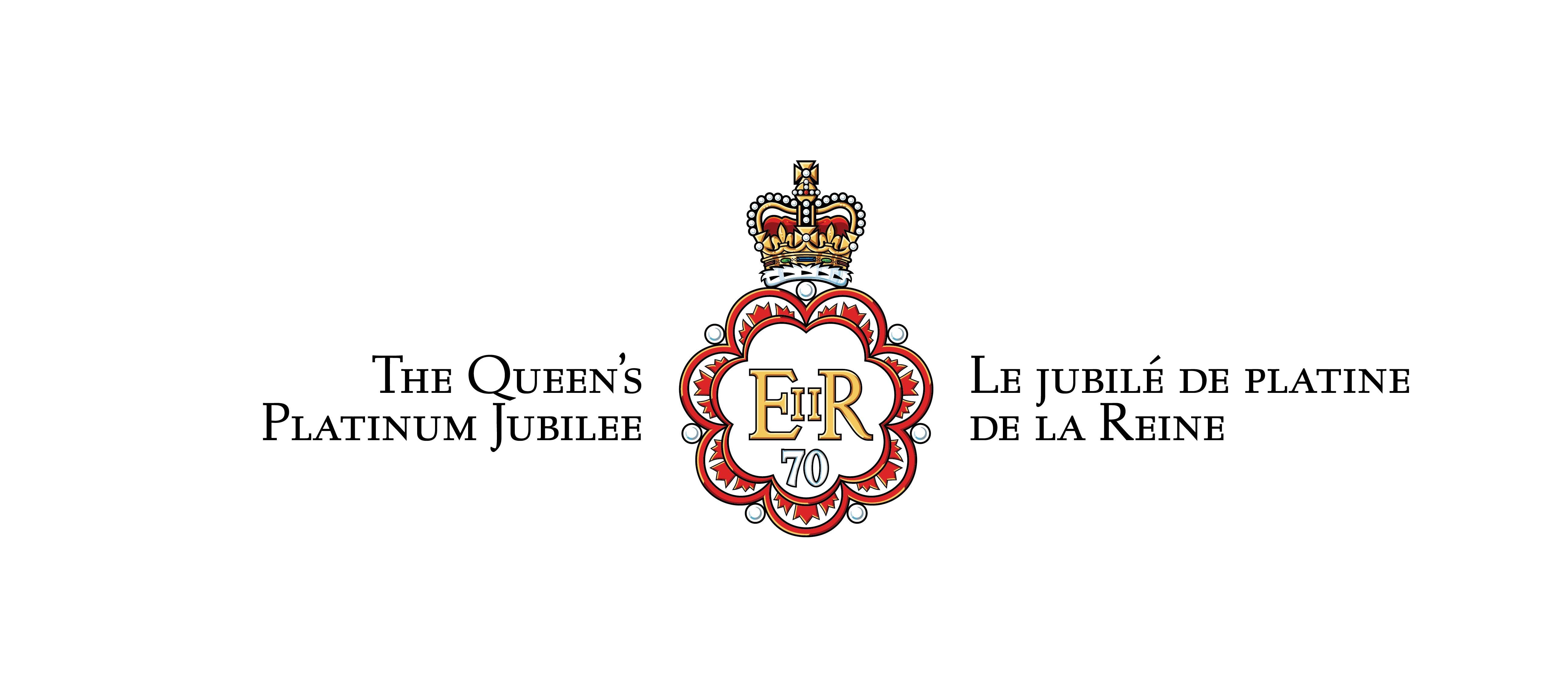 A centered full-colour vector art version of the Platinum Jubilee emblem with text: The Queen’s Platinum Jubilee / Le jubilé de platine de la Reine