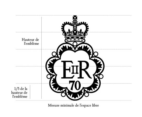 Version de l’emblème à une couleur en noir-et-blanc avec lignes indicatrices pour calculer 1/5 de la hauteur verticale de l’emblème