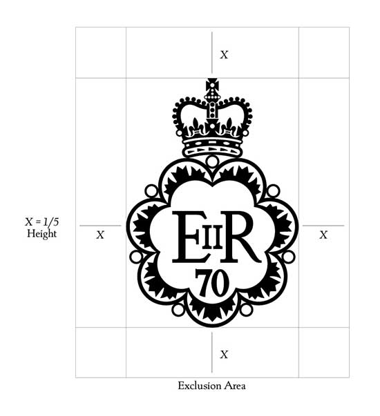One-colour black and white version of the emblem with grid lines to demonstrate the required clearance space