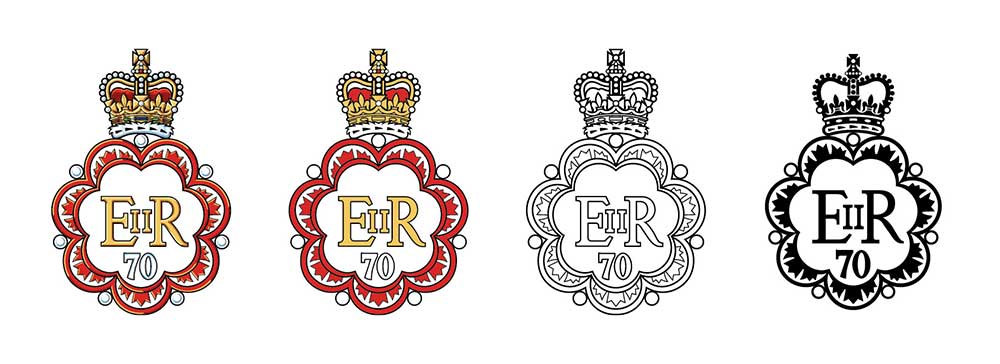 Quatre versions de l’emblème canadien du jubilé de platine, deux en pleine couleur, un en dessin au trait, et un en noir-et-blanc