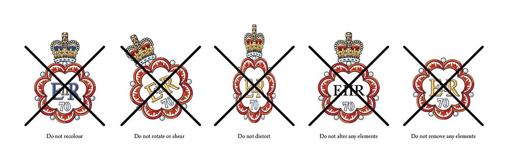 Five full-colour versions of the emblem demonstrating prohibited alterations of the image, each one crossed out with a large black “X”