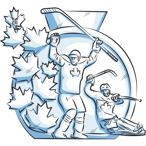 Two winning hockey players have their arms and sticks above their heads. One of them is a Paralympic player sitting on a sled. They are in front of a large circle representing a medal. Maple leaves decorate the players' shirts as well as the left side of the artwork.