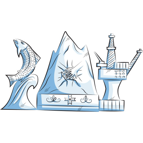 On the left, a fish seems to be surfing on a wave. In the middle, indigenous symbols and several hands together symbolizing the Olympic values are engraved on the side of a mountain. On the right side is an oil platform.