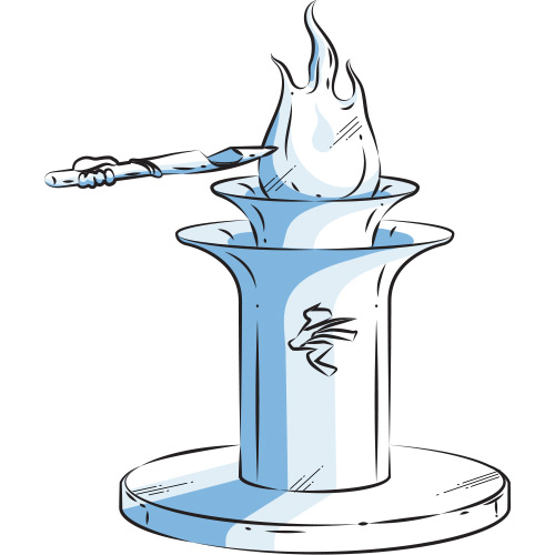 Une main tient une torche de relais au-dessus du flambeau olympique pour l’allumer. Le flambeau porte l’emblème des Jeux de Beijing 2022.