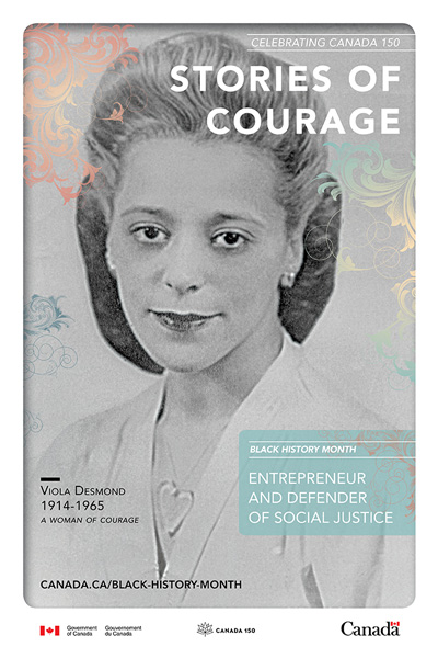 Poster for Black History Month displaying a photo of Viola Desmond.