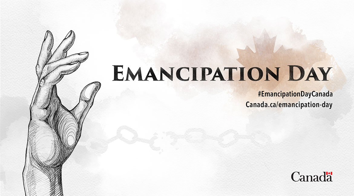 Emancipation Day branding centered on a raised, outstretched hand.