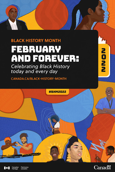 Black History Month 2022 branding including a collage with vignettes of Black people in various professions and settings.