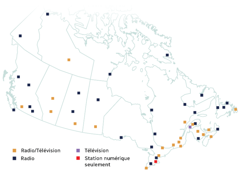 Figure 2 : Emplacements des services de CBC/Radio-Canada. Ceci décrit les points de service de CBC/Radio-Canada dans les provinces et les territoires. Les emplacements de service sont segmentés en stations de radio, de télévision, numériques et de radio-télévision de CBC/Radio-Canada