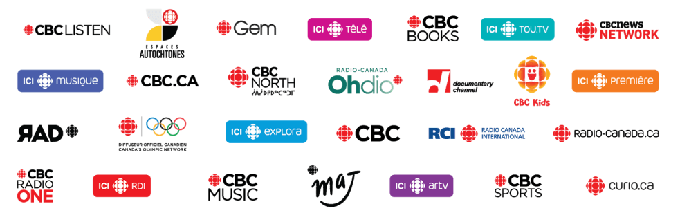 Figure 3: CBC/Radio-Canada's Services. This figure illustrates the different services offered by CBC/Radio-Canada, as represented by their logos. Examples include, CBC LISTEN, GEM, ICI MUSIQUE.
