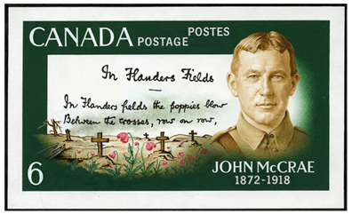 Title: John McCrae figurant sur un timbre postal, conçu par Imre von Mosdossy