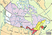 Carte géographique. Le Canada acquiert les Territoires du Nord-Ouest (Terre de Rupert et Territoires du Nord-Ouest) de la Compagnie de la Baie d'Hudson. On en détache une partie pour former le Manitoba à titre de cinquième province.