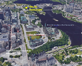 Vue aérienne de la rue Wellington à Ottawa démontrant la Colline du Parlement et le site du monument