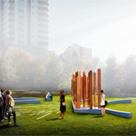 Visitors look at clusters of slender bronze columns