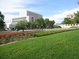 Landscape of the Garden of the Provinces and Territories with Library and Archives building in the background.