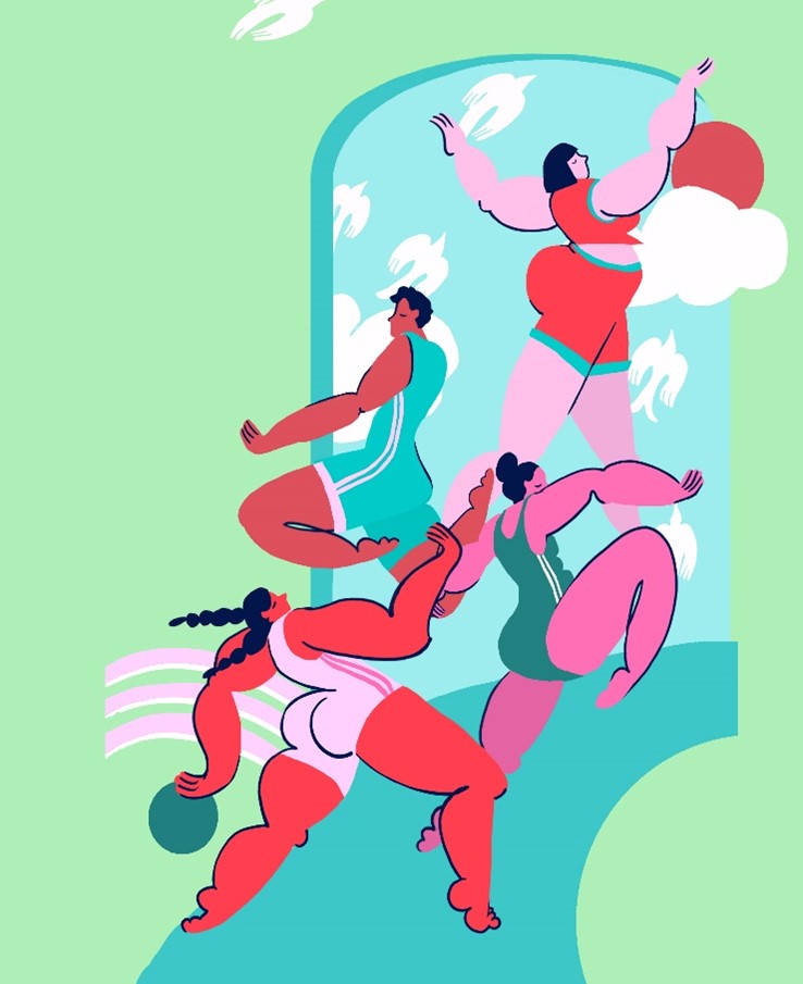 quatre personnages, arborant des tenues de sport, bondissent et dansent vers une porte ouverte