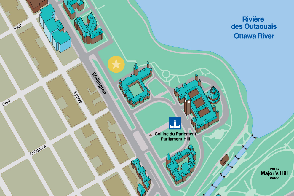 Carte du centre-ville d’Ottawa avec édifices 3D et une étoile jaune sur le flanc ouest de la Colline du Parlement indiquant le site du monument.