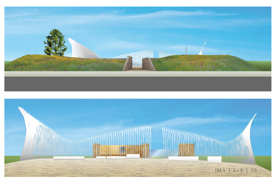 There are two images, one on top of each other. The first is berm covered with grass and wild flowers with a stone opening. Behind it we see a white translucent curved shape. There is a large green pine tree on the left and the Peace Tower in the background. The lower image is from a different angle, where we see the Canadian War Museum through the translucent curved shape.