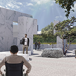 We see a grouping of large white stone square shapes. People are sitting on white stone benches and there is a person in a wheelchair in the foreground. There is green landscaping in the background.